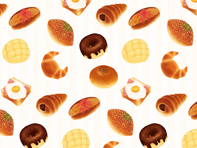 Bread Pattern bacon bread chocolate cornet currybread design donuts food illustration japanese food toast yakisoba