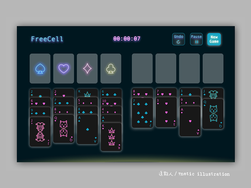 Free Cell Game UI neon lights app dark lights game design ui