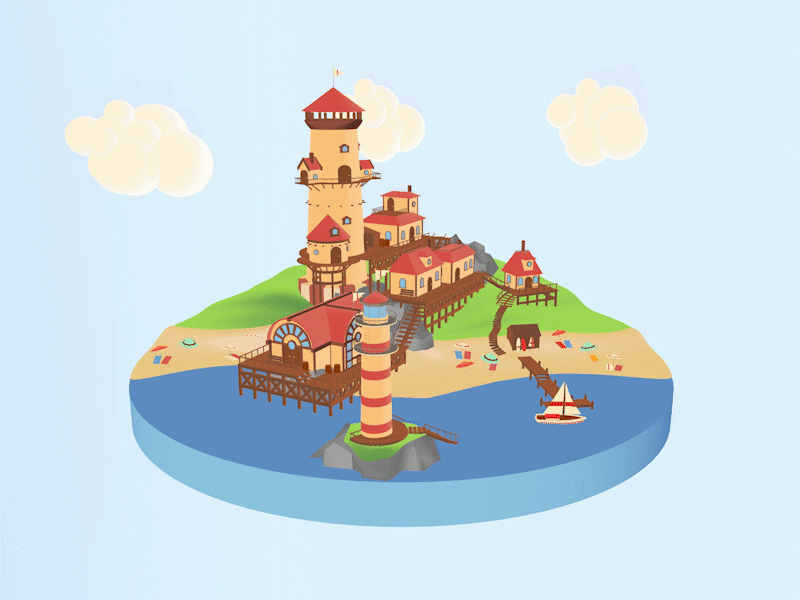 Holiday In A Loopshell animate animation architecture art beach boat c4d cinema4d circle illustration island lighthouse minimal render sail vector