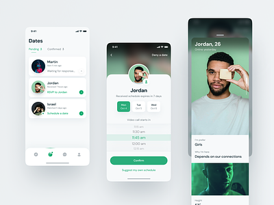 Planz. Scheduling a date on a dating app. bar bumble calendar card clean dating design header info interaction ios mobile app photo picker profile schedule tabs tinder ui ux