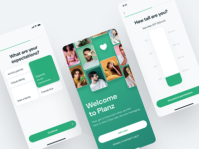 Planz. Onboarding screens in the dating app. account setup clean dating get started green interaction login mobile app onboarding photo progress bar registration select setup sign in sign up splash swipe ui ux