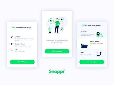 Snapp Permissions 2d access allow access android app call camera clean design flat grean illustration ios location media minimal permission simple snapp ui