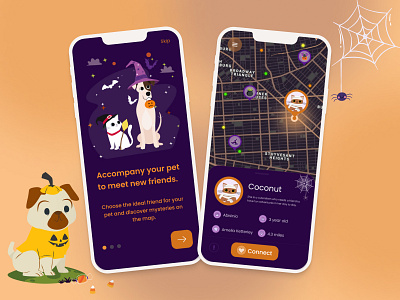 Halloween | Pets android app cat design dog geolocalitation graphic design halloween halloween pets illustration ios map minimalist mobile onboarding orange pets screen ui ux