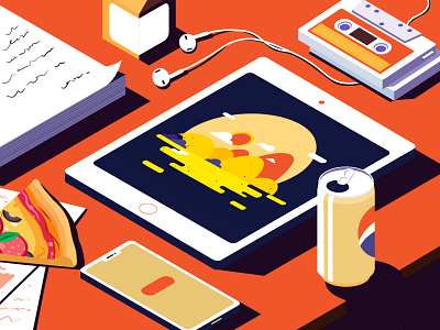 My workbench design headset illustration office orange paper pizza time ui ux web work workbench yellow