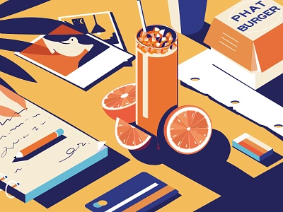 Table-4 blue book card cup design hamburger illustration oranges paper photos ui ux web yellow