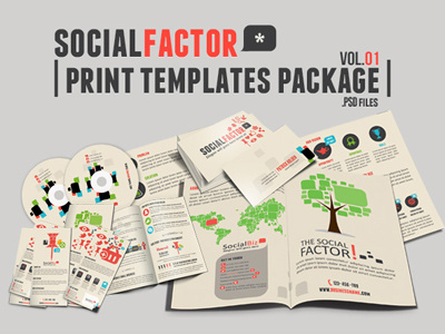 Socialfactor Print Templates Package branding business card cd cover executive summary flyer hal fold brochure print templates pack rack card social media kit stationery