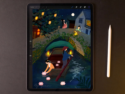 Boating night tour in Zhouzhuang design ipadpro 手绘 插图