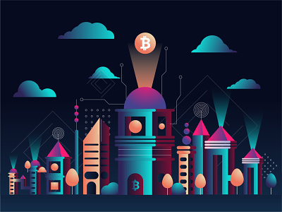 City of the future bitcoins design future illustraion megapolis town vector