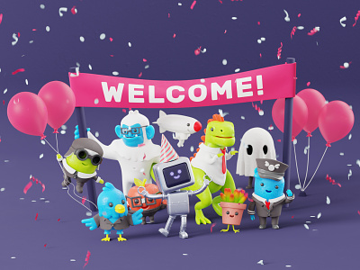 Welcome party 3d 3d art blender character art cute digital illustration robot