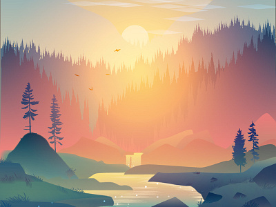 landscape with mountains design illustration landscape mountains river sunset vector water