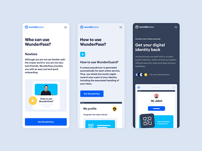 WunderPass – Mobile Landing Page bazen agency blockchain crypto crypto landing page cryptocurrency data control data trading defi fintech identity layer landing page design mobile landing page nft privacy saas transaction ui ux visual identity wunderpass