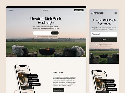 UK Retreats – Responsive bazen agency booking branding business marketing landing page design landing page ui marketing agency mobile landing page mobile ui mobile website rental responsive tourism travel travel guide ui ux ux retreats website design