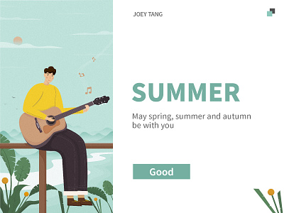 summer color 创意 吉他 唱歌 噪点 夏天 夏至 山 插图 桥 河 花草树木 音乐