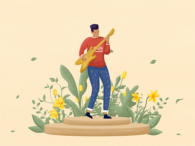 Guitar playing color design flowers and plants guitar illustration music 插图