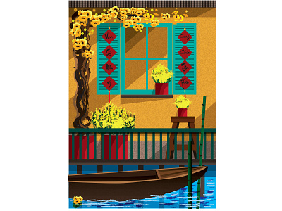 River-side houses on the Mekong River illustration