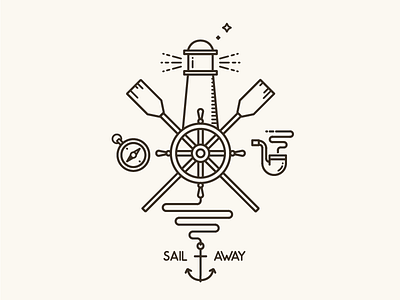 Sail away anchor compass flat design illustration lighthouse lines outlined pipe sail sailor smoke vector