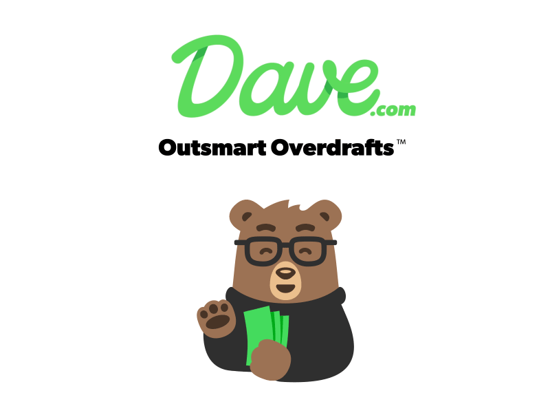 Dave.com animated logo bear bill character animation glasses happy kinetic type mascot money stickers wave wink