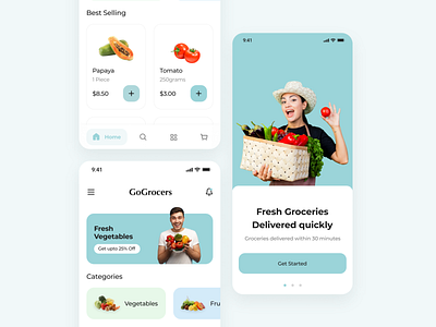 Grocery App UI Design app app design blue branding buy design ecommerce fruits grocery home onboarding ui ui design veg