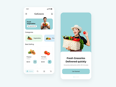 Grocery App UI Design app blue branding buy design ecommerce fruits fun grocery home man minimal mobile onboarding pastel shop soft subtle ui woman