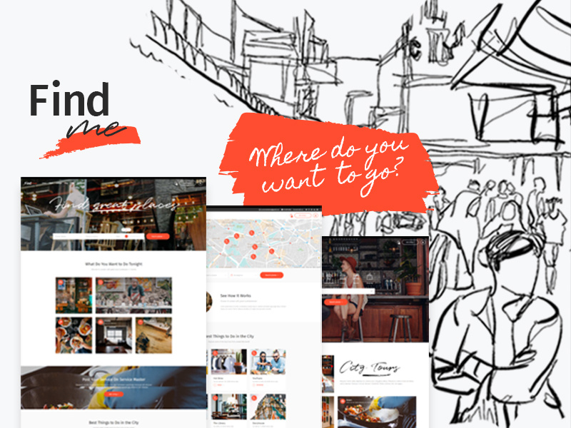 FindMe directory listing maps location city guide database directory listing page listing responsive landing page template layout webdesign website mockup wordpress ux ui theme