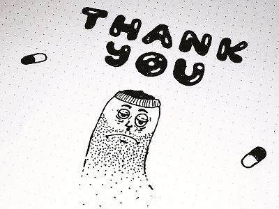 "Thank You" black and white character drawing icon illustration pills sketch