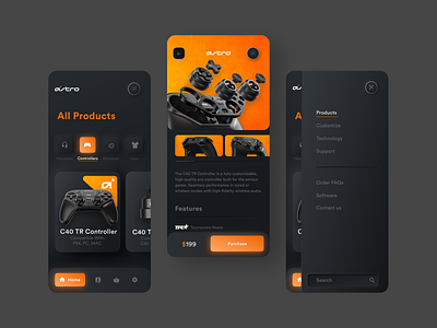 Astro Gaming App app astro black branding controller dailyui dailyux design digital gaming mobile app design neomorphic neomorphism orange typography ui ux vector web