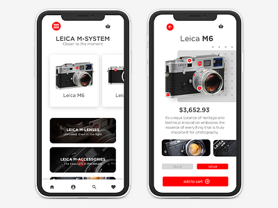 Leica E-commerce App app branding camera camera app dailyui dailyux design digital leica minimal mobile mobile app design photography type typography ui ux vector web xd