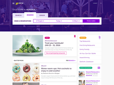 yp Dine 2.0 - Homepage - Desktop - Reserve 2016 cynthia irani editorial newsfeed flat user interface homepage design landing page order food delivery reservation restaurant reservation user experience ux ui playlist web design