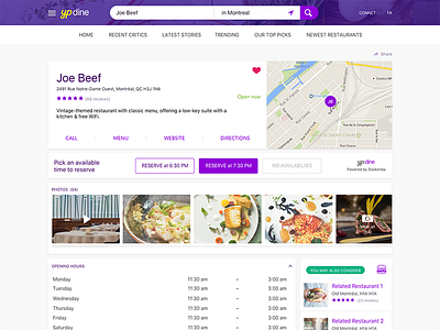 yp Dine 2.0 - Merchant Page - Desktop 2016 business page cynthia irani flat user interface landing page merchant profile order food delivery profile reservation restaurant user experience web design