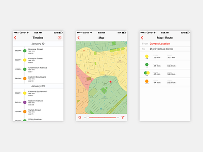 Airbient Timeline, map and routes colorful map route screens simple timeline ui ux