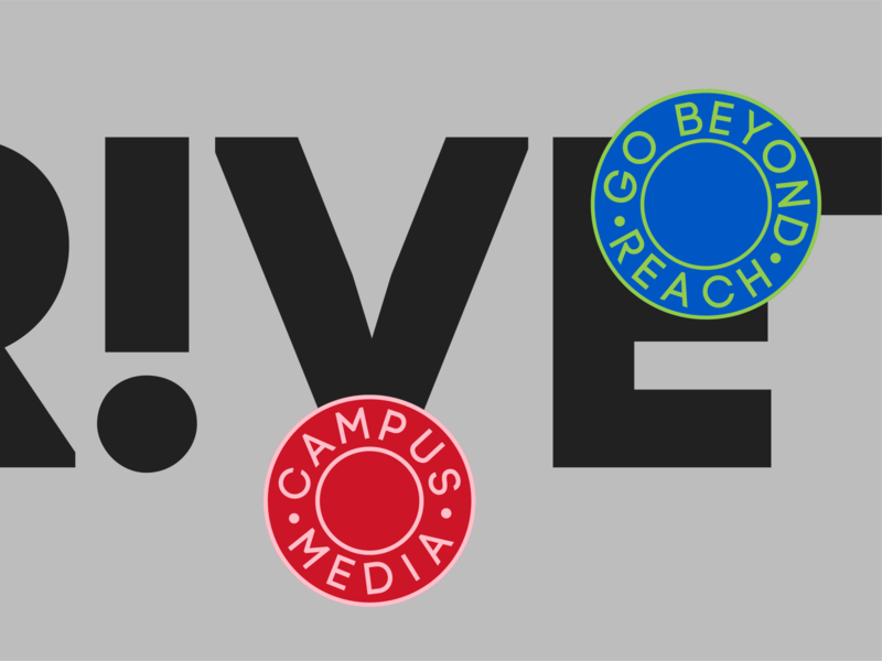 Rivet Campus Media (Rebrand) (Concept 1a) arrow arrows branding college design exclamation logo logos logotype monogram rivet type typography