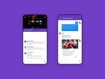 Arena app basketball blue chat content events interaction live live chat mobile purple sports stream ui ux
