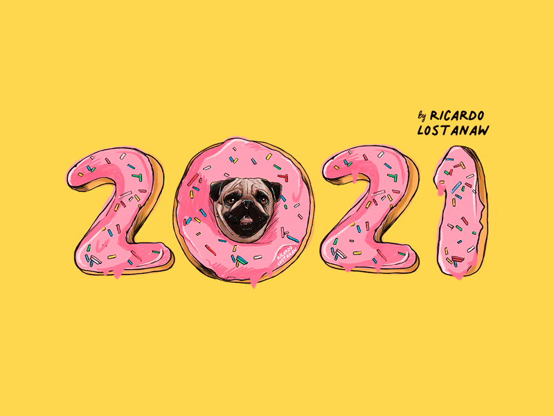 Gif 2021 Pug Strawberry animation dog donut gif newyear pugs strawberry yellow