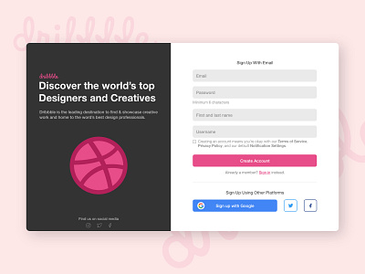 Dribbble Sign Up Page Concept - DailyUI 001 clean ui concept dailyui dailyui001 design dribbble interface signup simple clean interface ui web webdesign