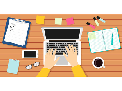 Writer Workplace Vector Illustration. coffee design handphone illustration journalists laptops notebooks place researchers vector work writer