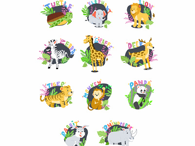 Cartoon Animals With Text Name animals card cartoon child education kids leaf name nature text