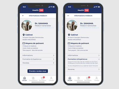 Application santé - Page information médecin app design sante ui ux web