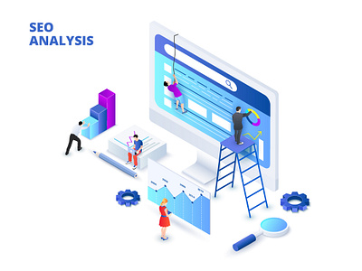 Isometric seo analyses and optimization design concept. analysis illustration internet isometric light optimization optimize page people seo service web