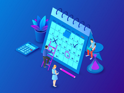 Planning schedule isometric with characters. 3d dark illustration isometric people planning shedule