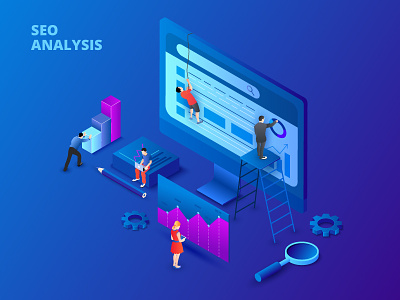 Isometric Seo Analysis business charachters illustration infographic isometric people vector