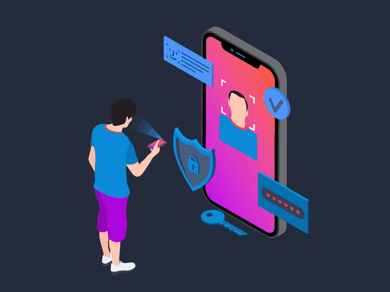 Isometric face recognition with phone and man 3d dark face face id illustration iphone isometric man phone ppt template recognition