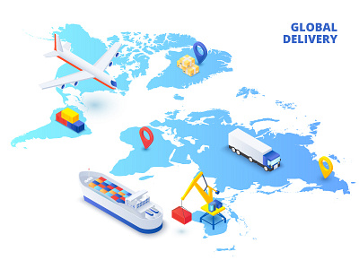 Isometric Global Delivery 3d delivery global illustration infographic isometric light map vector