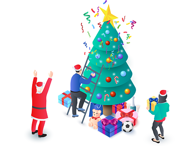 People and Santa Claus decorate christmas tree 3d charachters christmas illustration isometric new year people santa claus tree