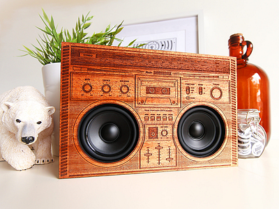 The Wooden Boombox - Solid Mahogany boombox buttons engraved illustration laser mahogany polar bear speakers tape deck wood