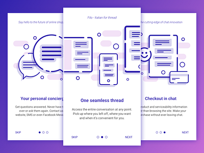 Filo Onboarding chat bubble computer illustration onboarding phone pink purple smiley face tablet