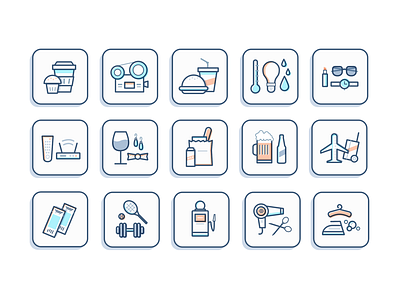 Icon Set airplane burger coffee dry cleaning gas grooming gym icons movie utilities wifi wine