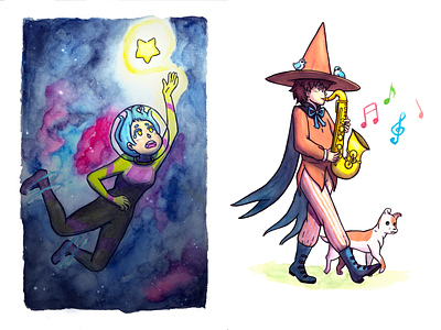 Inktober 2016 - Space Witch and Wizard Musician illustration inktober inktober 2016 magic watercolor witch witches wizard wizards