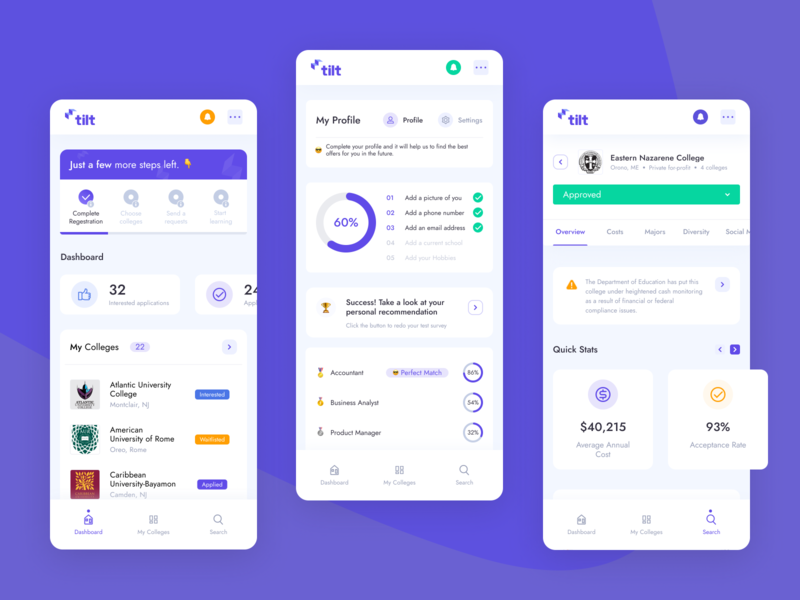Tilt Education Platform - Mobile app b2c crm degree education app finance graphics knowledge learning learning app mobile mobile ui money app saas student ui university user experience user inteface ux