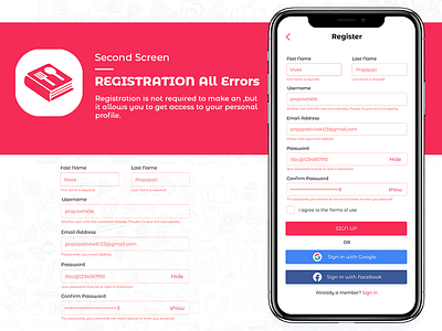 Registration errors ui design (Khana Banana Sikhe)App Design app appdesign errors flat icon typography ui ux