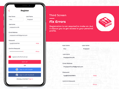fix errors register page design app appdesign food app ui icon logo ui uiapp ux vector
